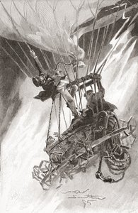 De gevaren van het ballonvaren. Een ballon in moeilijkheden en op het punt te crashen. Uit The Strand Magazine, gepubliceerd in 1896