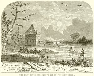 Het pesthuis en de pestput in Finsbury Fields door English School