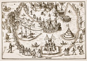 De vijver bij Elvetham tijdens het bezoek van koningin Elizabeth, uit The Honourable Entertainment gegeven aan de koningin in Prgresse bij Elvetham in Hampshire door de Right Honble de graaf van Hertford, 1591 door English School