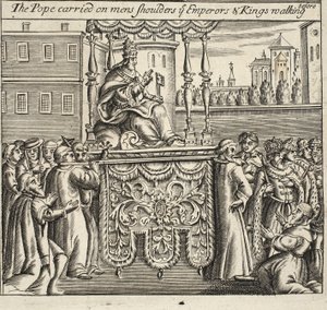 De paus gedragen op de schouders van mannen, de keizers en koningen lopen voorop, illustratie uit Handelingen en Monumenten van John Foxe, negende editie, uitgegeven 1684 door English School