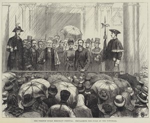 Het Preston Guild Merchant Festival, het Uitroepen van de Guild in het Stadhuis (gravure) door English School