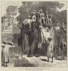 De prins van Wales op Parbutty Hill, Poonah, zijn eerste olifantenrit door English School