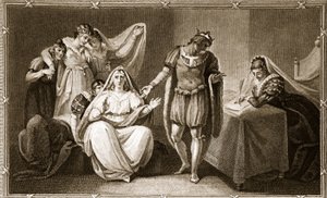 De koningin-weduwe plaatst zichzelf en haar dochters onder de bescherming van Richard III, illustratie uit David Humes The History of England, uitgegeven door R. Bowyer, Londen, 1812 door English School