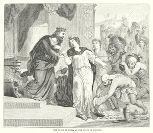 De koningin van Sheba aan het hof van Salomo (gravure) door English School