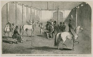 De Koningin bekijkt de Arabische paarden die aan Hare Majesteit zijn gepresenteerd, in het rijhuis in Pimlico door English School