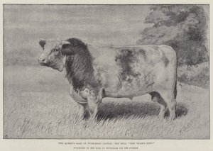 De verkoop van raszuivere runderen van de koningin, de stier "Nieuwjaarsgeschenk," gekocht door de graaf van Feversham voor 1000 Guineas (litho) door English School