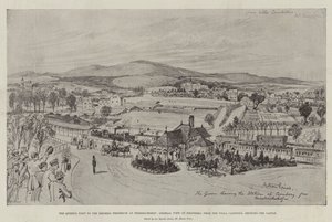 Het bezoek van de koningin aan de keizerin Frederick in Friedrichshof, algemeen uitzicht op Kronberg, vanaf de Villa Candidus, met het kasteel (gravure) door English School