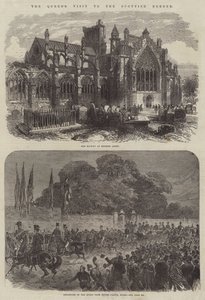 Het bezoek van de koningin aan de Schotse grens (gravure) door English School