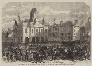 Het bezoek van de koningin aan de Schotse grens, ontvangst van Hare Majesteit op het marktplein, Kelso (gravure) door English School
