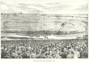 De race om de Melbourne Cup (gravure)