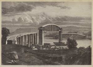 De spoorbrug bij Saltash, I K Brunel, ingenieur (gravure) door English School