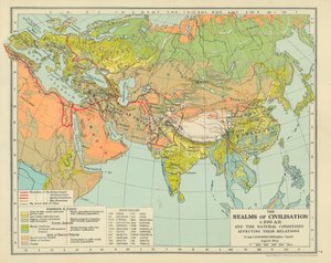 De beschavingsrijken rond 200 na Christus en de natuurlijke omstandigheden die hun relaties beïnvloeden (kleurenlitho) door English School