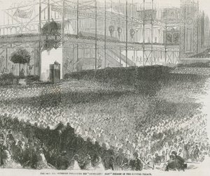 De eerwaarde Charles Haddon Spurgeon die zijn Humiliation Day preek houdt in het Crystal Palace door English School