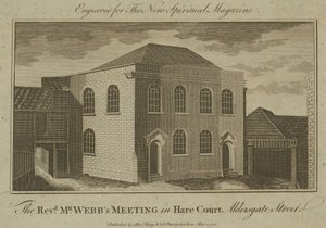 De bijeenkomst van de eerwaarde Mr. Webbs in Hare Court, Aldersgate Street door English School