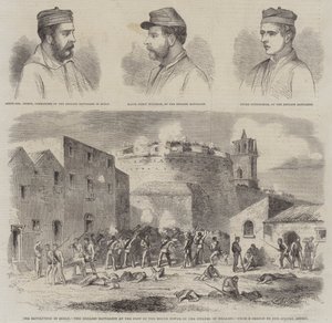 De revolutie in Sicilië, het Engelse bataljon aan de voet van de ronde toren van de citadel van Melazzo (gravure) door English School