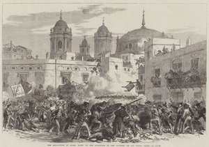 De revolutie in Spanje, gevecht bij de barricade in de wijk de Los Vinas, Cadiz (gravure) door English School