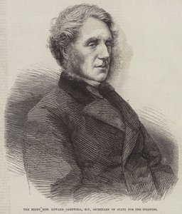 De Hooggeachte Edward Cardwell, MP, Staatssecretaris voor de Koloniën (gravure) door English School