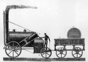 De Rocket, stoomlocomotief ontworpen en gebouwd door George en Robert Stephenson in 1829 voor de Liverpool-Manchester spoorweg door English School