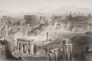 Het Romeinse Forum vanaf de Capitolijnse heuvel, Rome, gegraveerd door A. Willmore door English School
