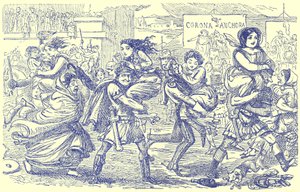 De Romeinen nemen de Sabijnse vrouwen mee, illustratie uit De Komische Geschiedenis van Rome door Gilbert Abbott a Beckett, gepubliceerd ca. 1850 door English School