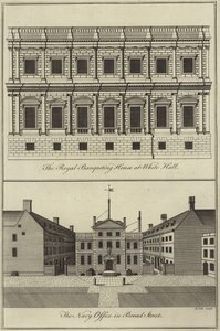 Het koninklijk banketgebouw in Whitehall en het marinekantoor in Broad Street, Londen door English School