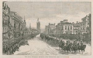 De Koninklijke Processie keert terug van Westminster Abbey naar Whitehall door English School