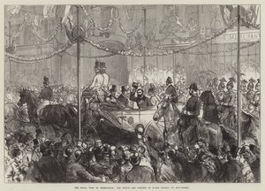 Het koninklijk bezoek aan Birmingham, de prins en prinses van Wales passeren Bull-Street door English School