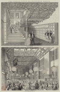 Het Koninklijk Bezoek aan Hatfield House (gravure) door English School