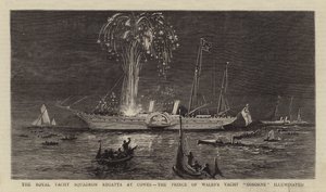 De koninklijke jachtclubregatta in Cowes, het jacht "Osborne" van de Prins van Wales verlicht door English School
