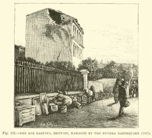 De Rue Partono, Mentone, beschadigd door de aardbeving aan de Rivièra, 1887