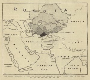 De Russische annexatie van Merv, kaart die de vooruitgangen van Rusland richting India toont in de jaren 1734, 1836, 1863, 1867, 1874, 1876, 1881, 1884 door English School