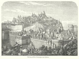 De heilige heuvel van Sutrunjya, bij Palitana (gravure) door English School