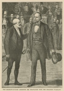 De Serjeant-at-Arms arresteert de heer Bradlaugh op bevel van de Spreker door English School