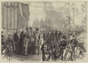 De sjah in Parijs, ontvangst bij de Arc de Triomphe door de prefect van de Seine en de gemeenteraad (gravure) door English School
