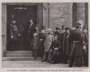 De Shahzada kijkt naar een Highland-dans in de Fairfield-scheepswerf, Glasgow (gravure) door English School