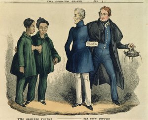 De Siamese Jongens - Onze Eigen Jongens, satirische cartoon uit The Looking Glass, c.1829 door English School