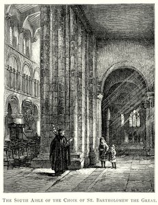 De zuidelijke zijbeuk van het koor van St Bartholomeus de Grote (gravure) door English School