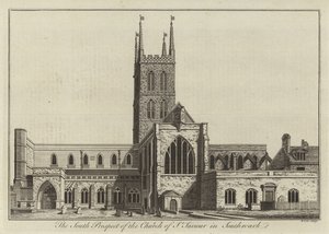 Het zuidelijke uitzicht op de kerk van St. Saviour in Southwark door English School