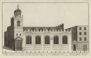 Het zuidwestelijke aanzicht van de parochiekerk van St Catherine Cree in Leadenhall Street, Londen