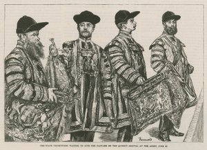 De Staatstrompetters wachten om de fanfare te geven bij de aankomst van de Koningin in de Abdij