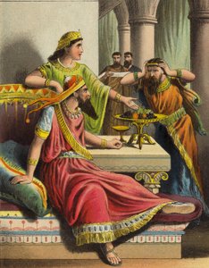 Het verhaal van koningin Esther: Esther beschuldigt Haman (kleur litho) door English School