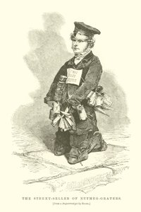 De straatverkoper van nootmuskaatkraters (gravure) door English School