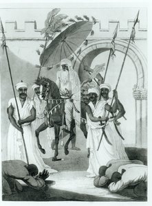 De sultan van Marokko komt naar buiten om audiëntie te geven, uit Reizen door Frankrijk en Spanje naar Marokko door Maurice Keatinge, gepubliceerd 1817