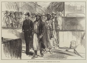 De sultan van Zanzibar landt bij Westminster Palace Stairs (gravure) door English School