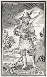 Het verrassende leven en de meest vreemde avonturen van Robinson Crusoe uit de stad York, zeeman, illustratie uit Chap-books van de achttiende eeuw door John Ashton, uitgegeven 1882