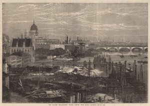 De werken aan de Thames Embankment, gezien vanaf Kings College door English School