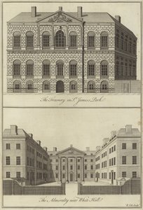 De schatkist in St Jamess Park en het admiraliteit nabij Whitehall, Westminster door English School