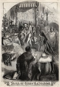 Het proces van koningin Catherine van Aragon in 1529, de eerste vrouw van Hendrik VIII, wiens huwelijk met de koning werd geannuleerd - Gravure uit 