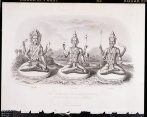 De Trimurti of Hindoe Drie-eenheid, gegraveerd door A. Thorn, uit Wereldreligie, uitgegeven door A. Fullarton & Co.