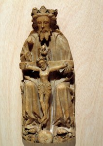 De Drie-eenheid God verleidt zijn zoon Jezus aan het kruis. Beeldhouwwerk in albast van de Engelse School. 15e eeuw Parijs, Nationaal Museum van de Middeleeuwen, Thermen van Cluny door English School